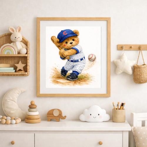 Chicago Cubs Sports Nursery Teddy Bear Wall Art Sports Baseball Prints