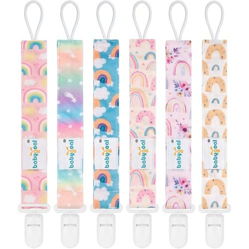Babygoal Rainbow Pacifier Clips, 6 Pack Binky Paci Holder and Leash for Boys and Girls Fits for Most Pacifier, Binkie Styles & Baby Teethers & Toys and Gift 6PS26