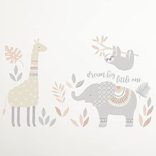 Levtex Baby - Imani Resuable Wall Decal - Llama, Elephant, Lion, Sloth - Grey, Taupe, Pink, Nursery Accessories - Size: 19 x 35.5in.