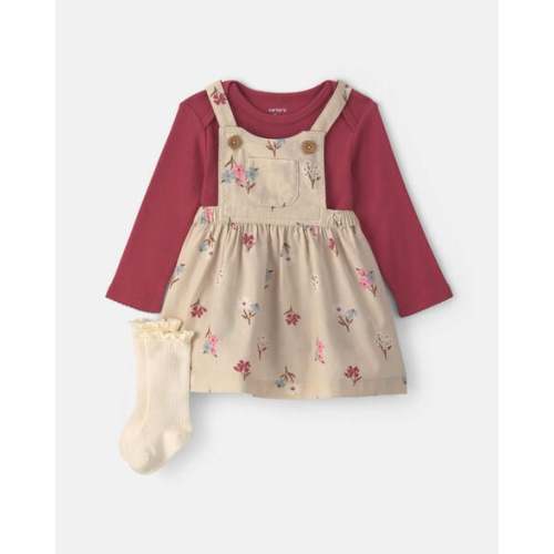 Baby Girl 3-Piece Floral Twill Long-Sleeve Dress Set - Burgundy/Cream | Carter's