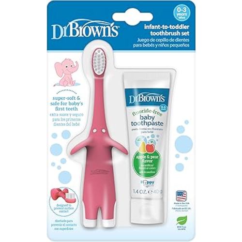 Dr. Brown's Infant-to-Toddler Training Toothbrush Set, Pink Elephant with Fluoride-Free Apple Pear Baby Toothpaste, 0-3 years (Colors/Style May Vary)