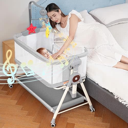 Baby Bassinet, Rocking Bassinet for Baby, 3 in 1 Baby Bassinets Bedside Sleeper with Musical Toys, Bedside Bassinet for Baby with Storage Basket and Wheels,Adjustable Bedside Crib for Newborn (Grey)