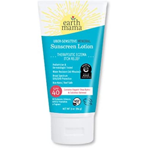 Earth Mama Uber-Sensitive Mineral Sunscreen Lotion SPF 40 | Reef Safe, Non-Nano Zinc, Contains Organic Colloidal Oatmeal | Steroid-Free Eczema Cream for Baby, Kid & Family, 3-Ounce