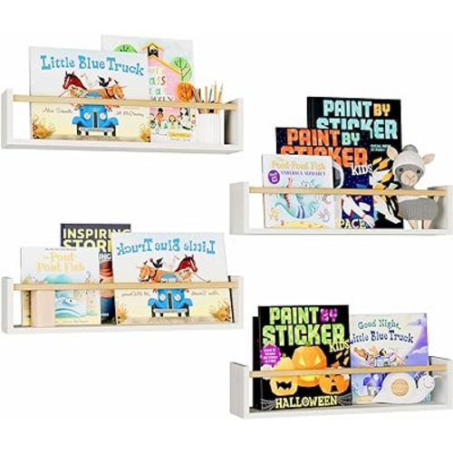 Fixwal Nursery Book Shelves, 16.5 Inch Floating Bookshelf for Kids Bedroom Decor & Playroom Decor, Set of 4, Solid Wood Wall Mounted Shelves for Books, Toys and Decor Storage (White and Natural Wood)
