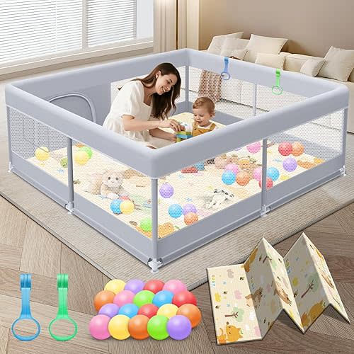 Baby Playpen with Mat, 50x50 Inch Play Pen, Playpen for Babies and Toddlers, Baby Playard for Indoor & Outdoor Active Center Game Fence, with Skin-Friendly Fabric and Soft Breathable Mesh