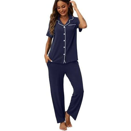 Womens Pajamas Sets 2 Piece Button Up Pj Sets Short Sleeve with Long Pant