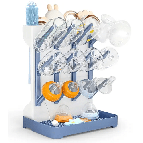 GoMaihe Baby Bottle Drying Rack: Space Saving Vertical Bottle Dryer Holder - Baby Accessories Storage Stand Organize Brushes Pacifiers on Countertop - BPA-Free - Blue