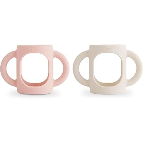 mushie Silicone Baby Bottle Handles 2-Pack | Narrow Bottle Compatible for 3 Months+ (Blush/Shifting Sand)