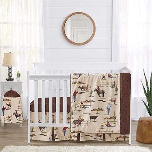 Sweet Jojo Designs 4-Piece Baby Crib Bedding Set (Western Cowboy) for Boys, Infants/Nursery incl. Blanket, Fitted Sheet, Skirt, Diaper Stacker (Country, Farm, Horse Ranch, Wild West, Southern Charm)