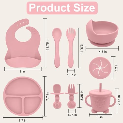 Silicone Baby Feeding Set | Baby Led Weaning Supplies Includes Suction Bowls and Divided Plates, Adjustable Bib, Baby Utensils Spoons and Forks,Cup | Baby Feeding Essentials (Pink)