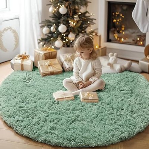Soft Sage Green 7Ft Round Rugs for Boys Bedroom,Shag Large Circle Rugs for Kids Room,Fluffy Carpet for Classroom Playroom Fuzzy Circular Rugs for Nursery Teen Dorm,Fuzzy Plush Cute Room Decor Rugs