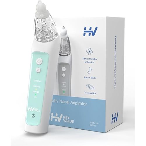 HEYVALUE Nasal Aspirator for Baby, Electric Baby Nose Sucker, Automatic Nose Cleaner with 3 Silicone Tips, Adjustable Suction Level and Music Soothing Function (Green)