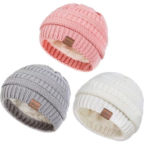 Alepo 3 Pack Baby Beanie Hats for Girls Boys, Soft Warm Fleece Lined Baby Winter Hat for Newborn Infant Toddler Kids - Light Gray&white&pink