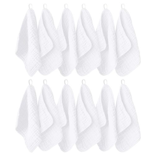 12 Pack Muslin Washcloths for Baby - 100% Cotton Baby Wash Cloths for or Baby Face Body Comfy and Soft for Newborn Infants Kids Girls and Boys - 12"x12" - White