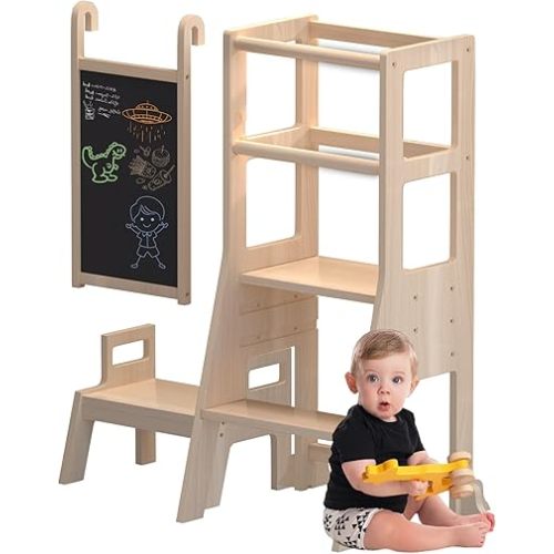 Toddler Standing Tower, Adjustable Kitchen Helper with Non-Slip Pads & Built-in Stool for Kids, Safe Learning Step Stool for Ages 12 Months to 5 Years