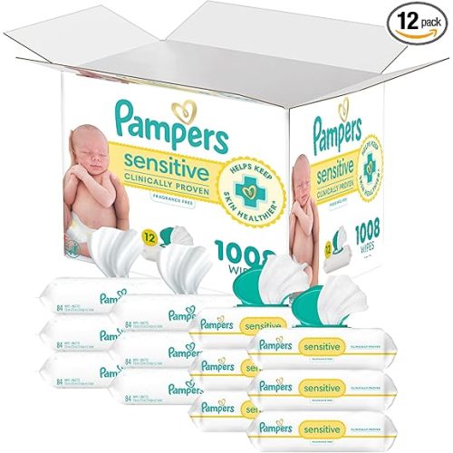 Pampers Sensitive Baby Wipes, Water Based, Hypoallergenic and Unscented, 8 Flip-Top Packs, 4 Refill Packs (1008 Wipes Total)