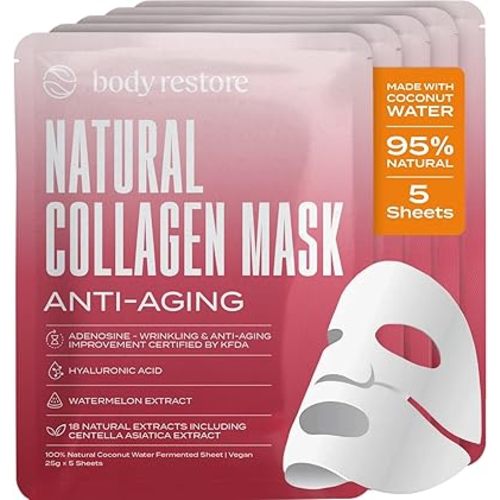 Body Restore Natural Collagen Face Mask 5 Pack – Korean Skin Care Sheet Mask with Fermented Coconut Water – Birthday Gifts for Women & Men, Support Deep Moisture, Dry Skin, Clean Beauty - Anti-Aging