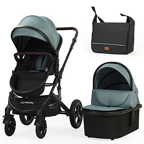 Newborn Infant Toddler Baby Stroller - Cynebaby 2 in 1 High Landscape Convertible Reversible Anti-Shock Bassinet Carriage Pram Stroller Add Cup Holder, Footmuff and Diaper Bag (Green)