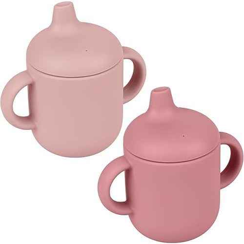 Silicone Baby Drinking Cups, Silicone Sippy Cups for 6-12 Months Toddlers - Pack of 2 Food Grade Silicone Traning Cups with Lids Grip Handle for Baby Led Weaning, 6 oz (Blush/Mauve)