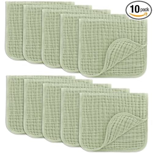 Comfy Cubs Muslin Burp Cloths 20x10" 10 Pack, Baby Burp Cloths - Sage | Large, 6-Layer, Ultra Absorbent 100% Cotton Burp Cloths for Baby Drool and Messes - Soft, Safe & Gentle for Boys & Girls