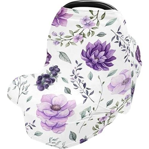 Watercolor Purple Flowers Baby Car Seat Covers Floral Berries Leaves Carseat Canopy Soft Infant Stroller Cover Nursing Breastfeeding Covers for Girls Boys Newborn Fit Summer Spring Autumn