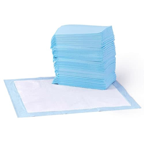 Amazon Basics Absorbent, Leak-Proof Dog and Puppy Pee Pads with 5-Layer Design and Quick-Dry Surface for Potty Training, Standard Absorbency, Regular Size, 22 x 22 Inch - Pack of 50, Blue & White