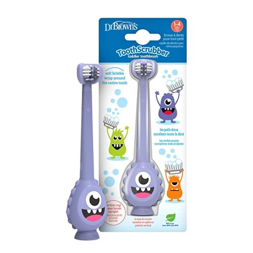 Dr. Brown's ToothScrubber Toothbrush, Three-Sided Toddler Training Toothbrush for Ages 1-4 Years with Suction Cup Base and Color Changing Bristles - Purple Monster