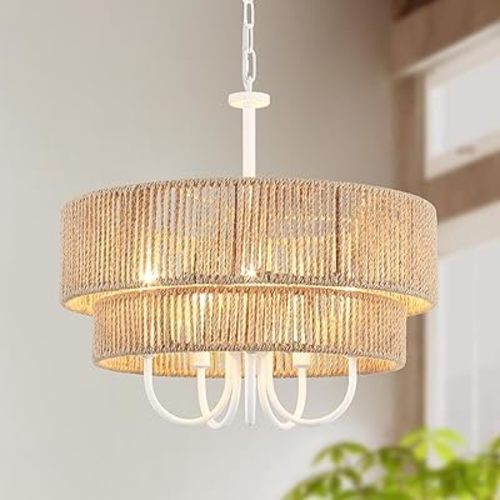 18" Boho Rattan Chandelier Light Fixture, 5-Light Rattan Pendant Light with Wicker Shade, Height Adjustable Rustic Farmhouse Chandelier for Kitchen Island Living Room Bedroom (Retro White)