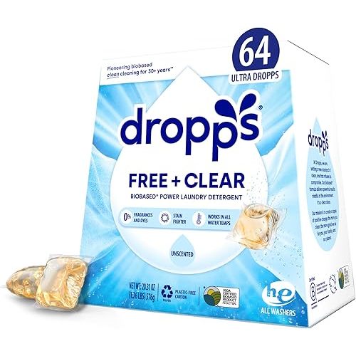 Dropps Free + Clear Biobased Power Laundry Detergent Pods, Unscented (64 Count) - HE Compatible Laundry Pods for Fresh Clothes - Laundry Soap Supplies & Recyclable Paperboard Packaging
