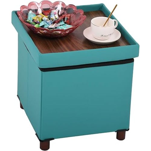 Storage Ottoman, Ottoman with Storage for Living Room Ottoman Square Tray Bedroom Cube Foot Rest Stool With Legs Small Ottomans Coffee Table Lid Foldable Footstool Faxu Leather 15(Light Green)