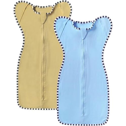 Transition Swaddle, 2 Pack 100% Cotton Baby Sleep Sack, 2-Way Zipper Infant Arm Up Swaddle for Newborn Baby Boys Girls (Khaki + Sky Blue, S(0-3 Months))