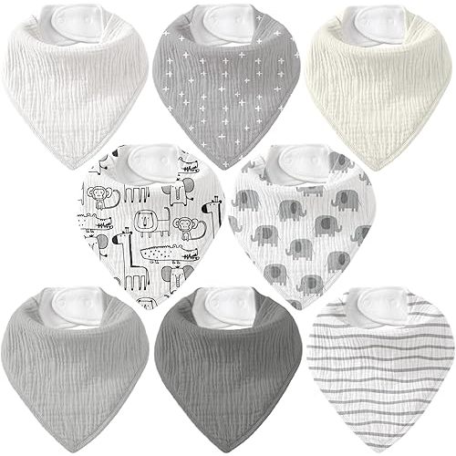 CIVARUA KIDS Muslin Baby Bibs 8 Pack, Baby Bandana Drool Bib for Drooling and Teething, Cotton Soft Absorbent for Girls Boys (Grey Animals)