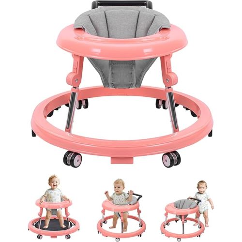 Baby Walker with Wheels, Activity Center with Mute Wheels Anti-Rollover, 5-Position Height Adjustable Foldable Baby Walker for Boys and Girls from 6-18 Months with Footrest