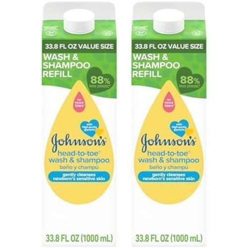 Johnson's Head-To-Toe Gentle Body Wash & Shampoo for Baby's Sensitive Skin & Hair, Tear-Free, Sulfate-Free & Hypoallergenic, Value Size Refill, 33.8 fl. oz (Pack of 2)