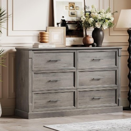 6 Drawer Dresser for Bedroom, Framhouse Large Chest of Drawers with Metal Handles, Rustic Double Wood Dresser, Storage Dressers Organizer, Grey