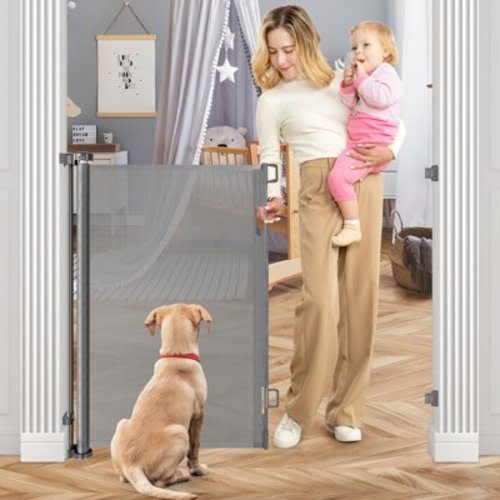 Free Shipping! Retractable Baby Gate, HDJ 42-Inch Extra Tall Baby Gate, 71" Wide Baby Gate Dog Gate for Stair, Doorway, Gray