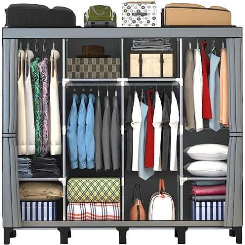 Portable Closet, Clothes Storage Box, Simple Wardrobe for Hanging Clothes, Multiple Shelves and 3 booms,6 Side Pockets (Grey) (Grey, Large)