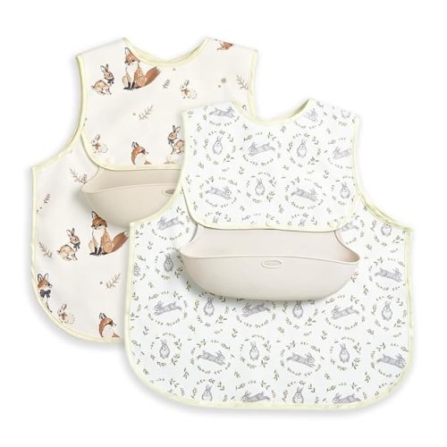Baby Bib for Eating | Waterproof Baby Smock Bib Shirt | Baby Feeding & Baby Food Bib with Detachable Silicone Catcher | Machine Washable| Easy to Put | 6-24M (FoxL-Gray)