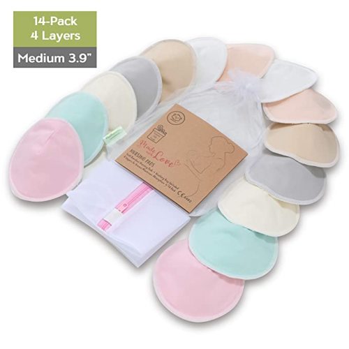 Organic Bamboo Nursing Breast Pads - 14 Washable Pads + Wash Bag - Breastfeeding Nipple Pad for Maternity - Reusable Nipplecovers for Breast Feeding (Pastel Touch, Medium 3.9")