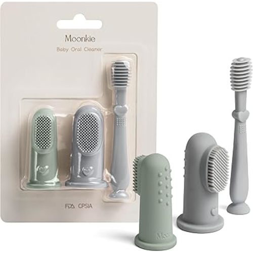Moonkie Baby Finger Toothbrush Tongue Oral Cleaner Kit for 3 Months +, 3 Pcs (Blue/Mint/Blue)