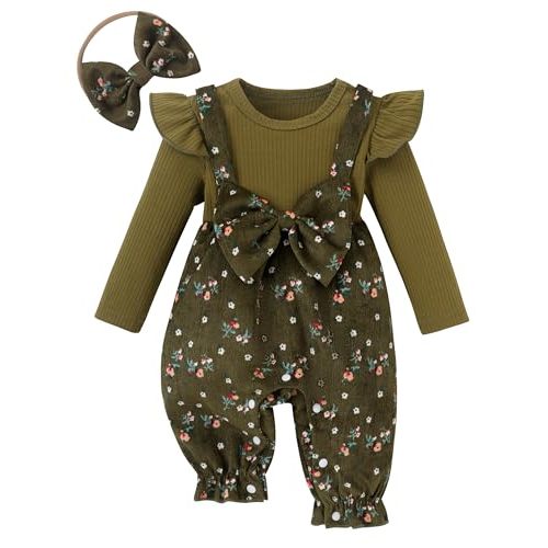 AIBOLYNE Newborn Infant Baby Girl Clothes Outfits Ruffle Romper with Headband Longsleeve Jumpsuit Coming Home Outfit