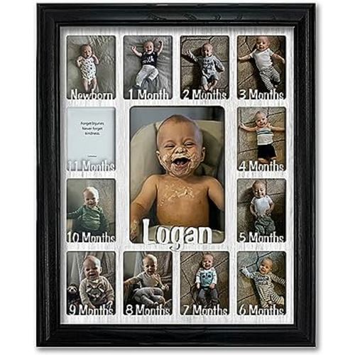 Northland Baby First Year Personalized Frame - Holds Twelve 2.5" x 3.5" Newborn Nursery Decor Photos and 5" x 7" One Year Picture, Black Frame, White Mat, Customizable with any name