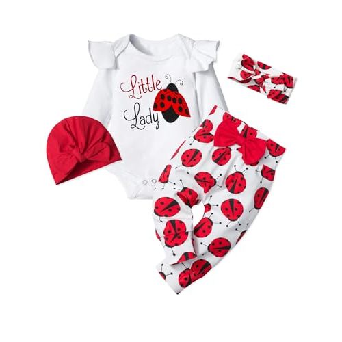 TyeSmo Infant Newborn Baby Girl Clothes Set White Ruffle long-sleeve Top + Pants + Headband + Hat 4pcs 0-6M Baby Clothes