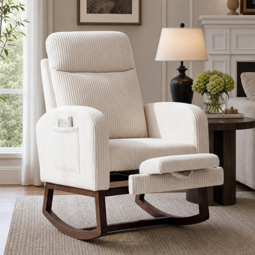 George Oliver Nursery Glider Rocking Chair with Footrest, Upholstered Rocker with High Back, Solid Wood Legs & Side Pockets, Corduroy Accent Chair for Nursery, Living Room & Bedroom | Wayfair