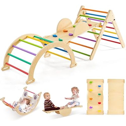 7-in-1 Pikler Triangle Set - Wooden Toddler Climbing Toys, Indoor Playground with Ramp for Sliding or Climbing, Jungle Gyms for Toddlers, Montessori Climbing Set-Medium