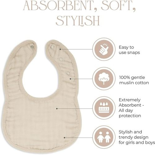 Comfy Cubs Muslin Baby Bibs, Drool Bibs, 100% Cotton Adjustable with Easy Snaps, Teething & Drooling, Soft & Absorbent - Cream - Pack of 8