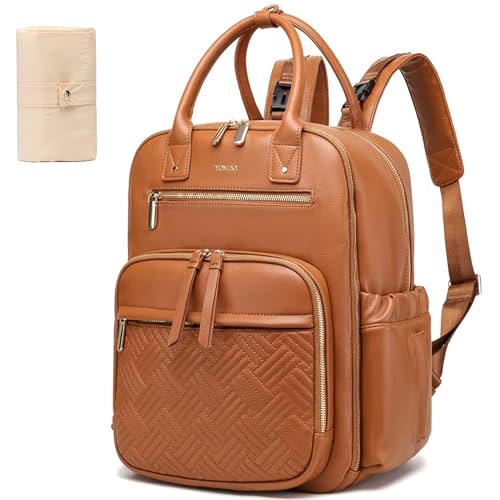 Yomiky Leather Diaper Bag Backpack for Women with Multiple Pockets,Laptop Compartment and Changing Pad.