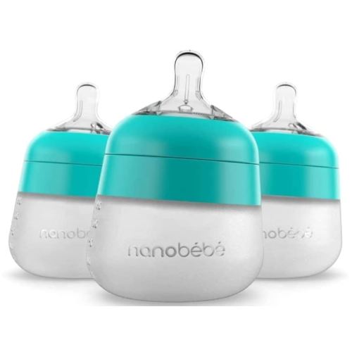 Nanobébé Flexy Silicone Baby Bottle, Anti-Colic, Natural Feel, Non-Collapsing Nipple, Non-Tip Stable Base, Easy to Clean 3-Pack, Teal, 5 oz