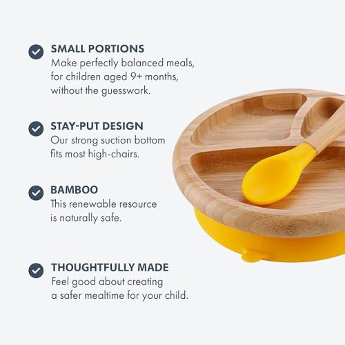 Avanchy Baby Divided Bamboo Plate, Bowl & Spoons Set - Baby Cutlery - Bamboo Kids Bowl - BPA Free Bowl - Bamboo Kids Utensils - Baby Divided Plate, Bowl, and Spoons Set, Blue - Blue Gift Set