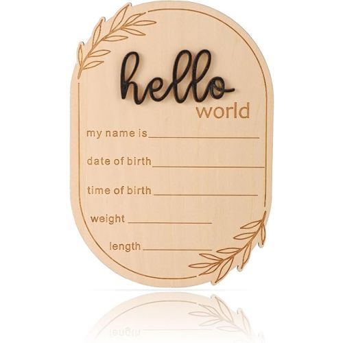 Baby Announcement Sign, Wooden Hello World Newborn Welcome Sign Name Plaque Personalized Birth Announcement Board for Hospital Photo Props Baby Shower Nursery Decor (Black)